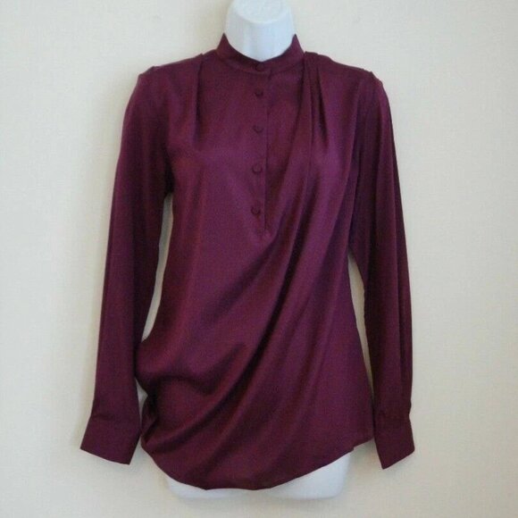 NWT 3.1 PHILLIP LIM Berry Silk Draped Front Henley Long Sleeve Blouse Top 0 - Picture 1 of 5